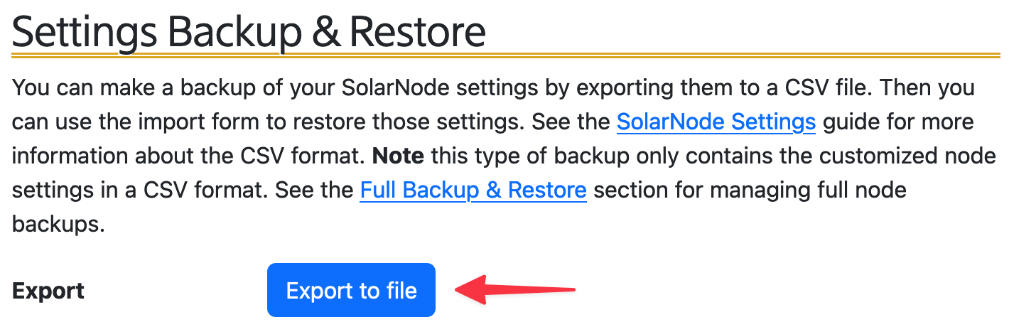 Export settings button in the SolarNode UI
