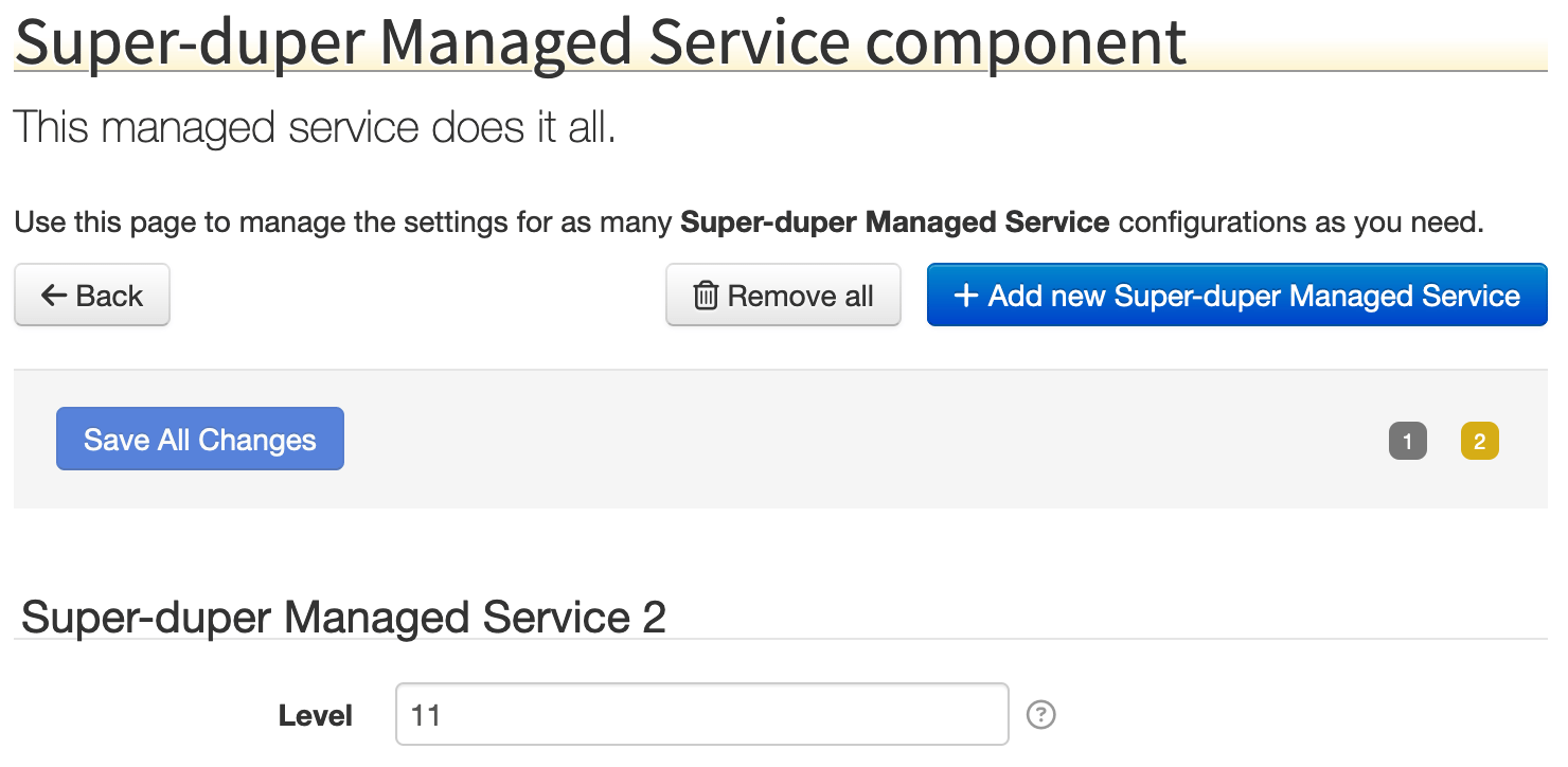 Example managed service component intances in Settings UI