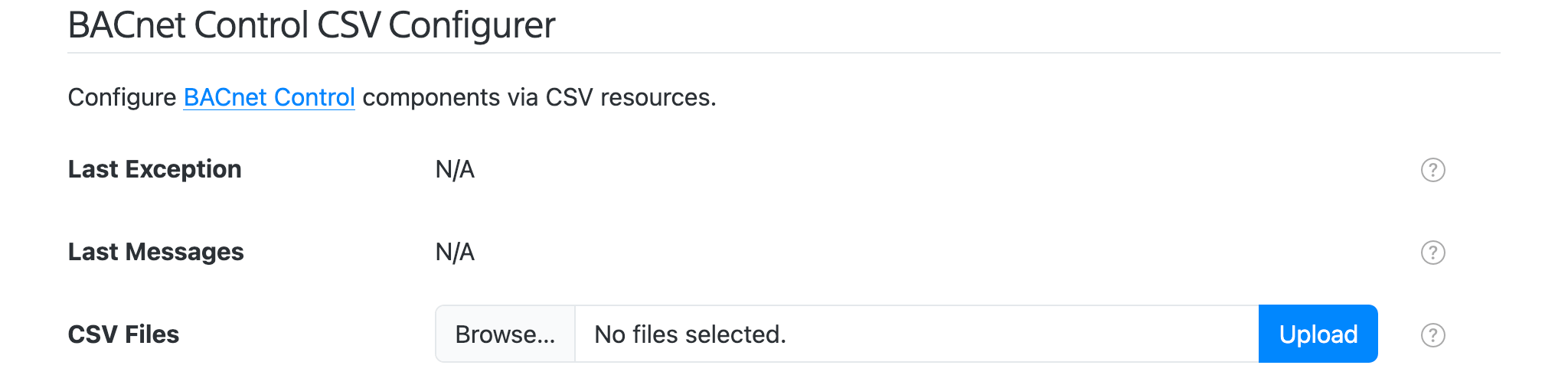 BACnet Control CSV configurer form