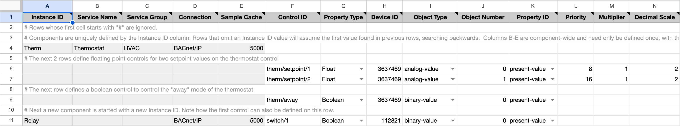 BACnet Control spreadsheet example
