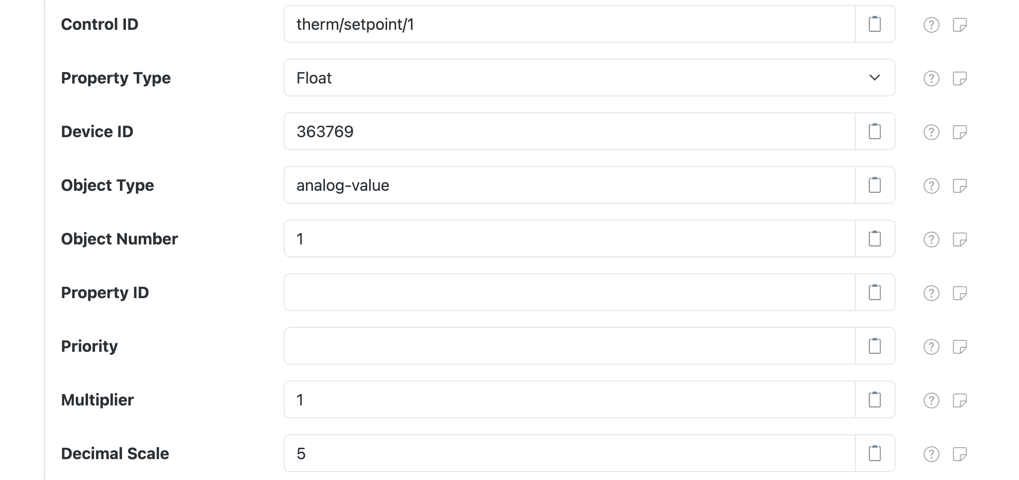 BACnet Control property settings