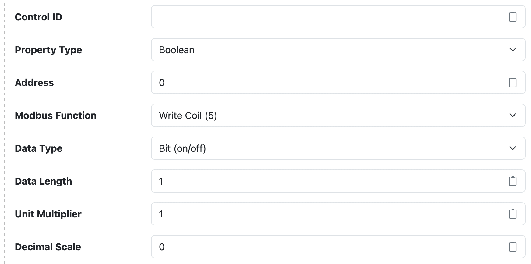 Modbus Control property settings