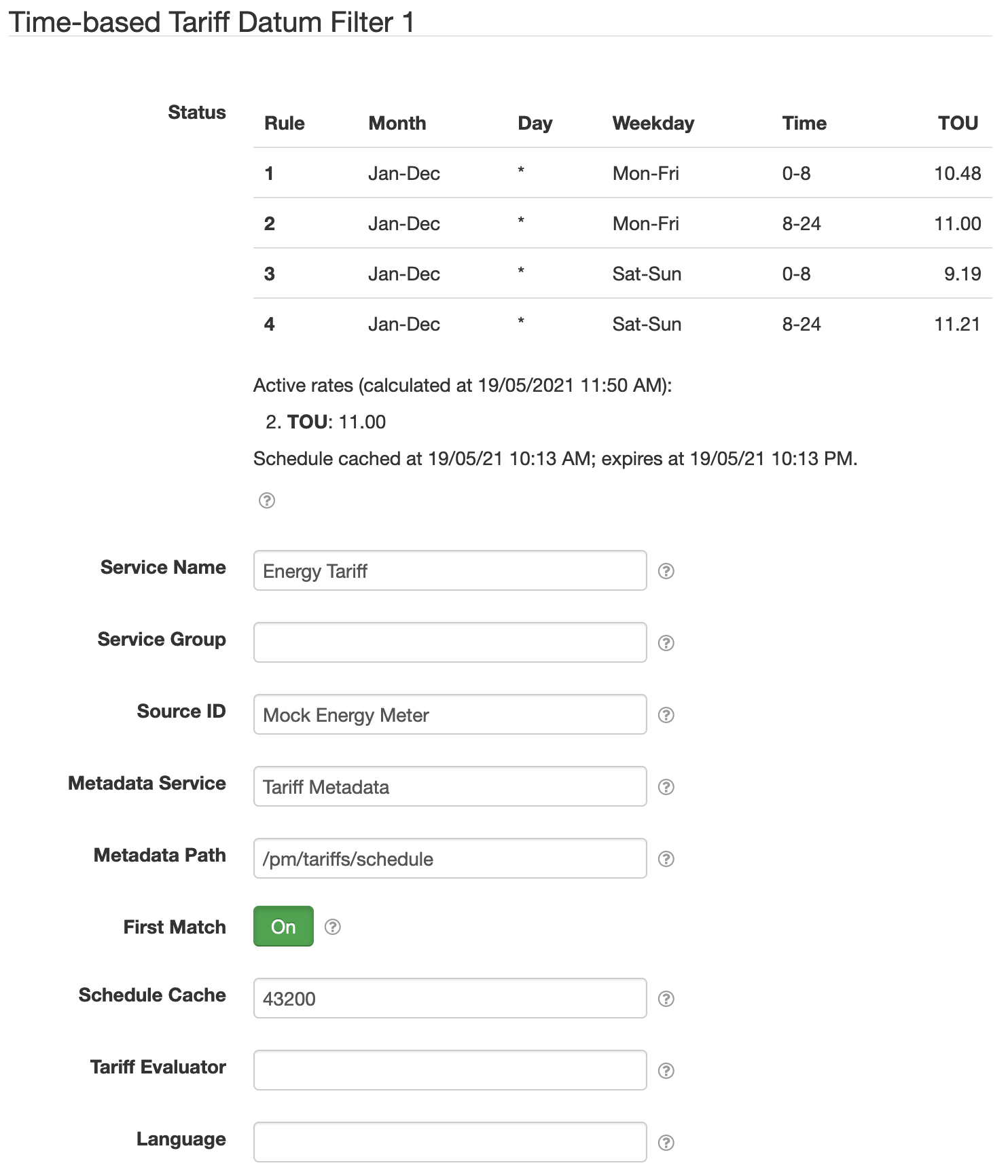 Tariff filter component settings