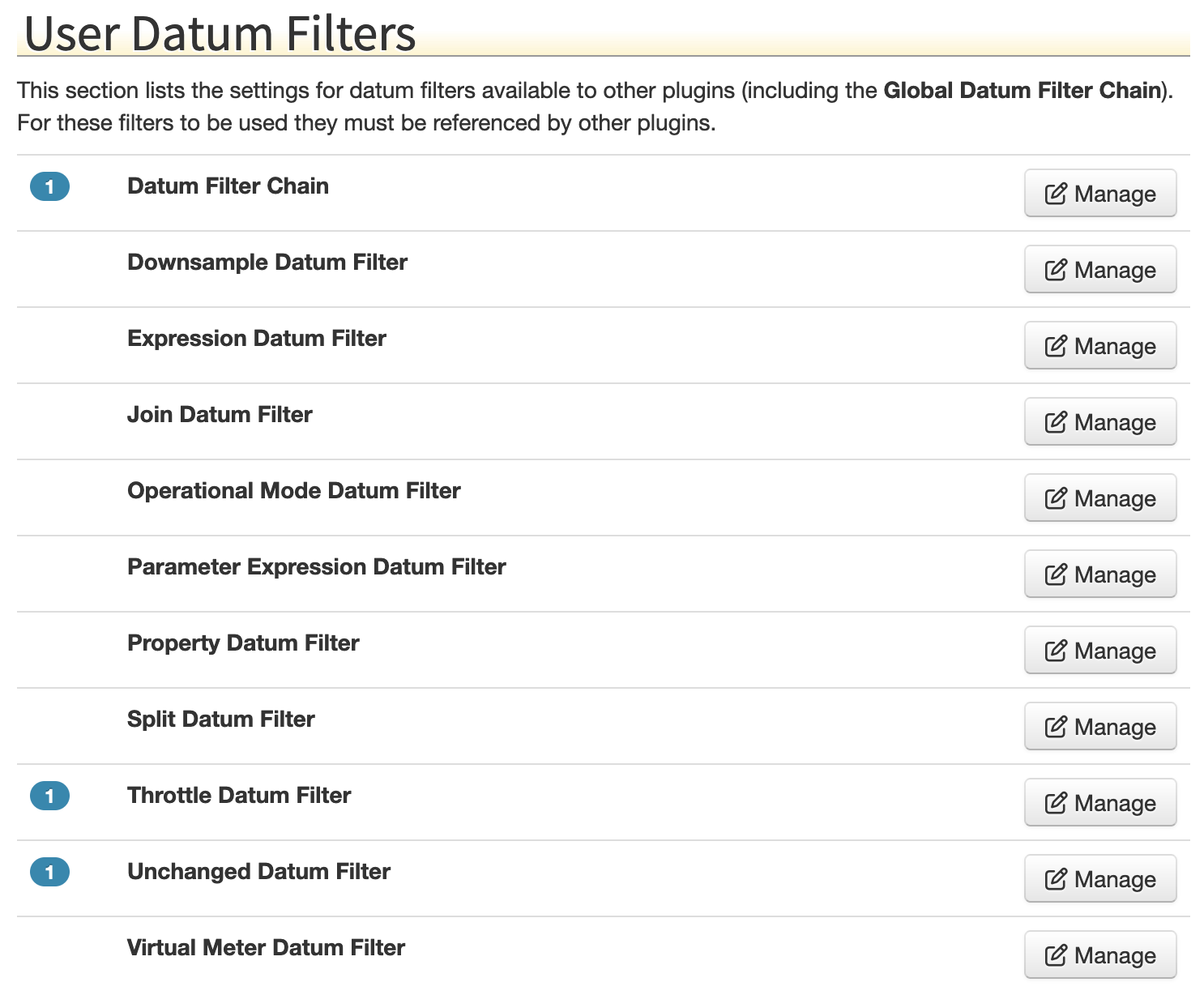 User Datum Filters component list