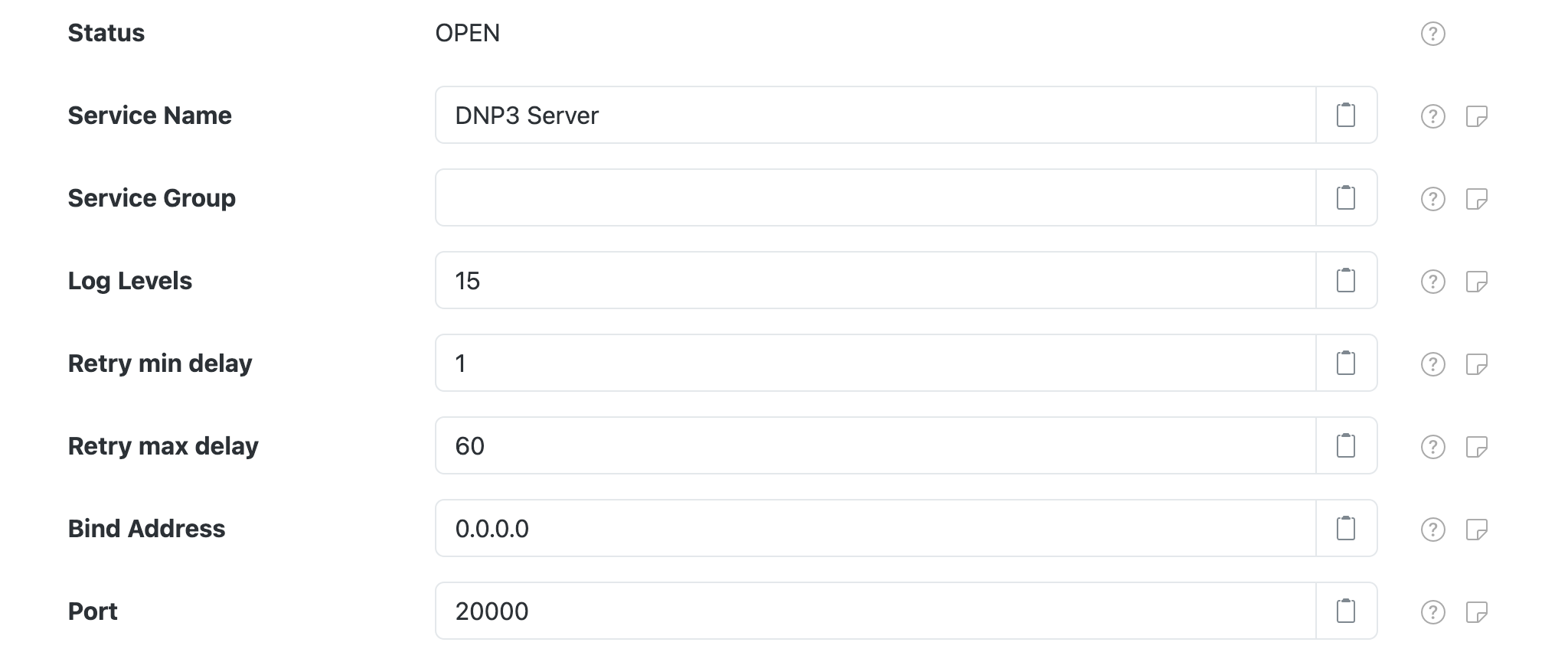 DNP3 TCP server settings