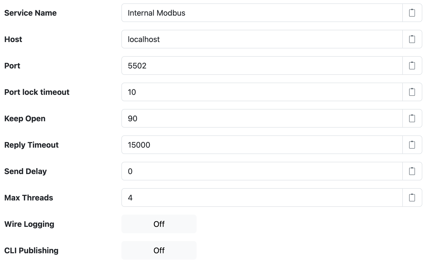 Modbus TCP connection settings