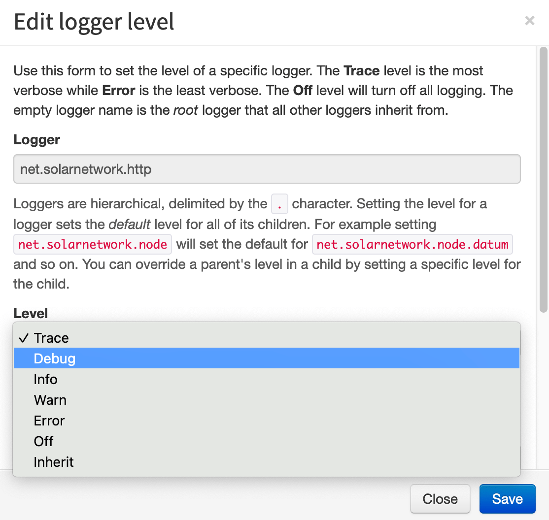 SolarNode Logger level edit UI