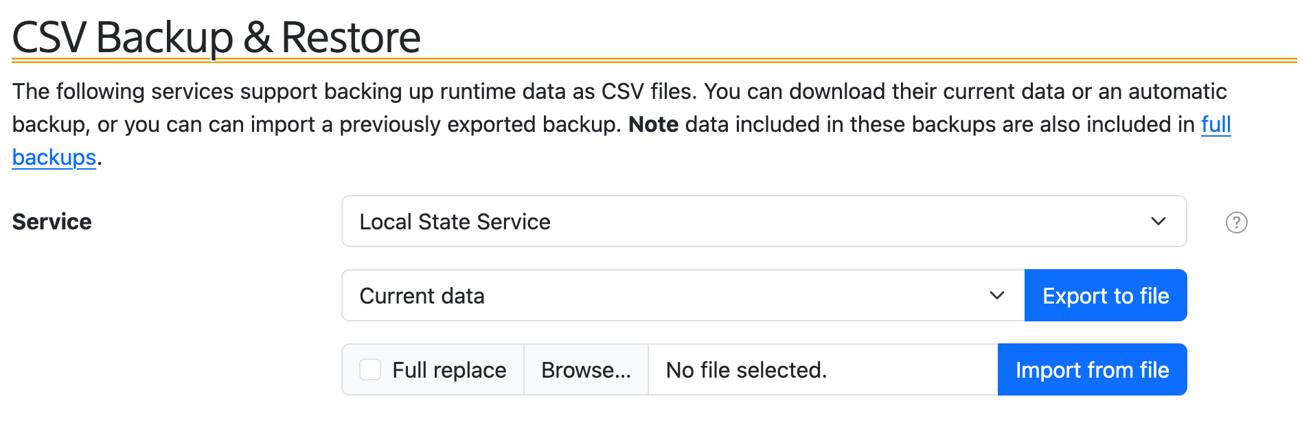 CSV backup import/export form