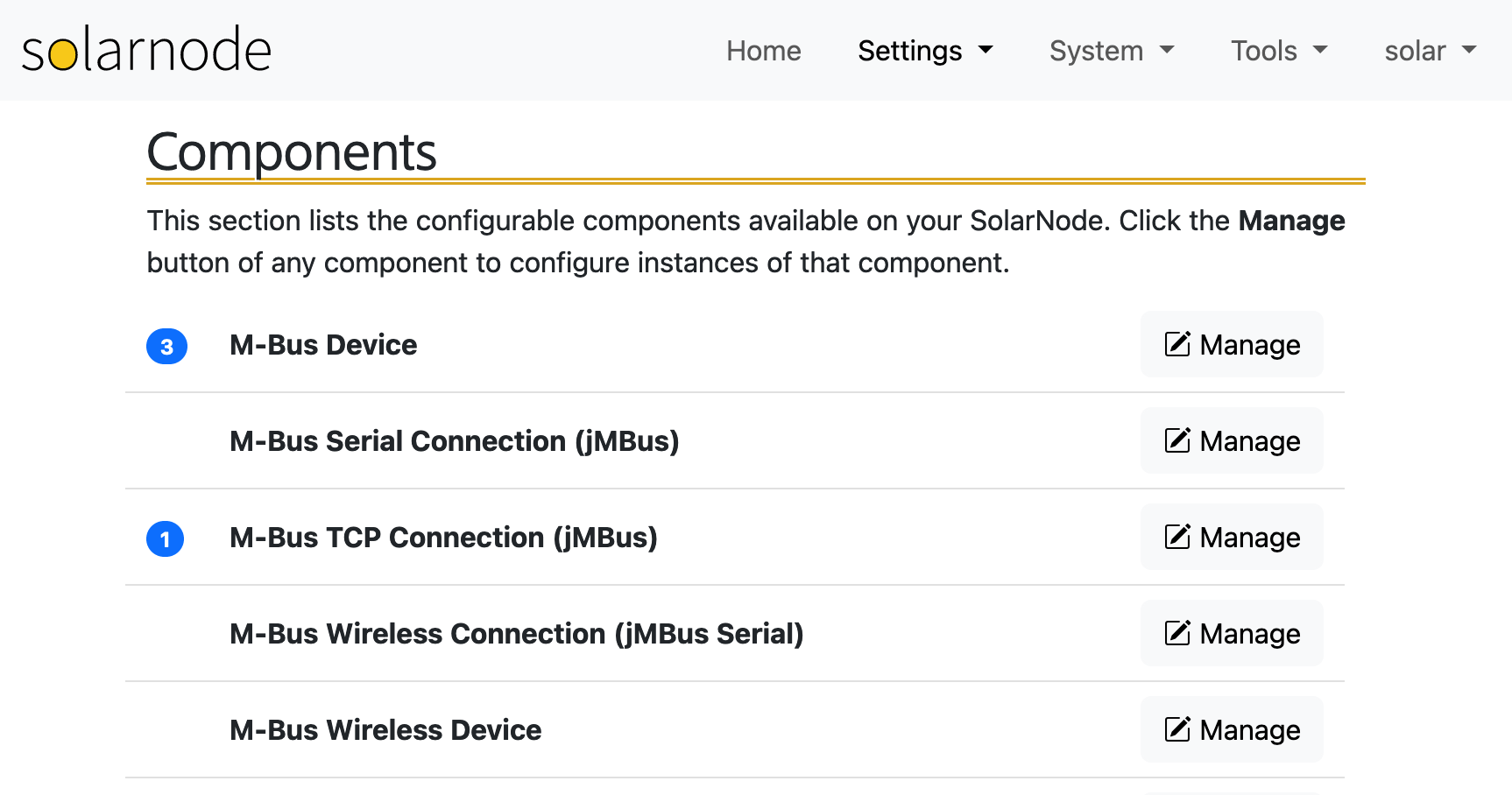 Settings components list