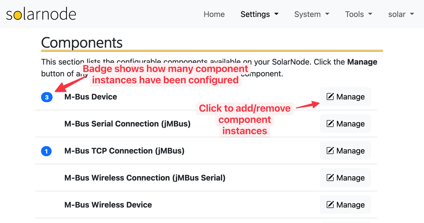 Settings components list