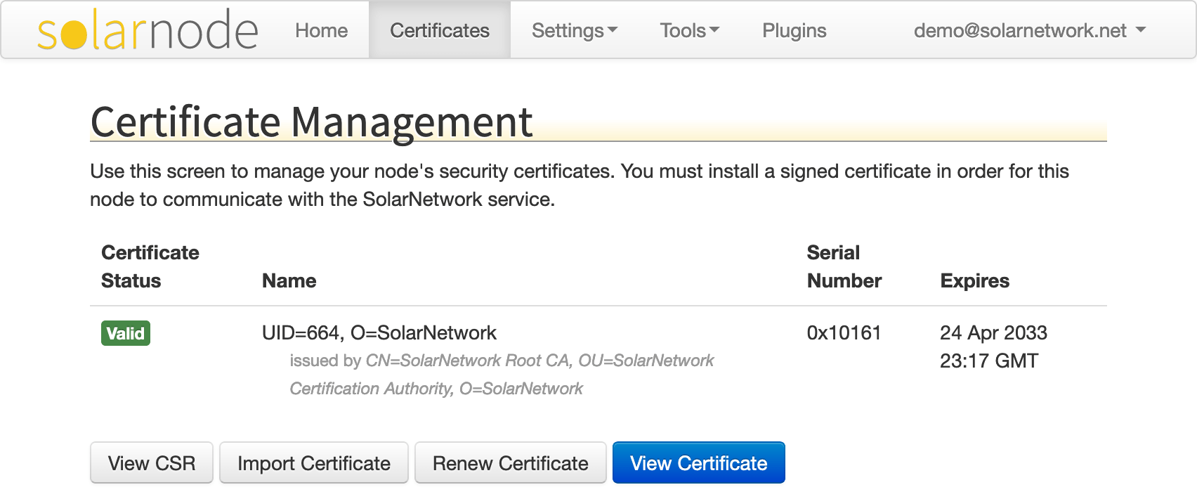 SolarNode Setup Certificates page