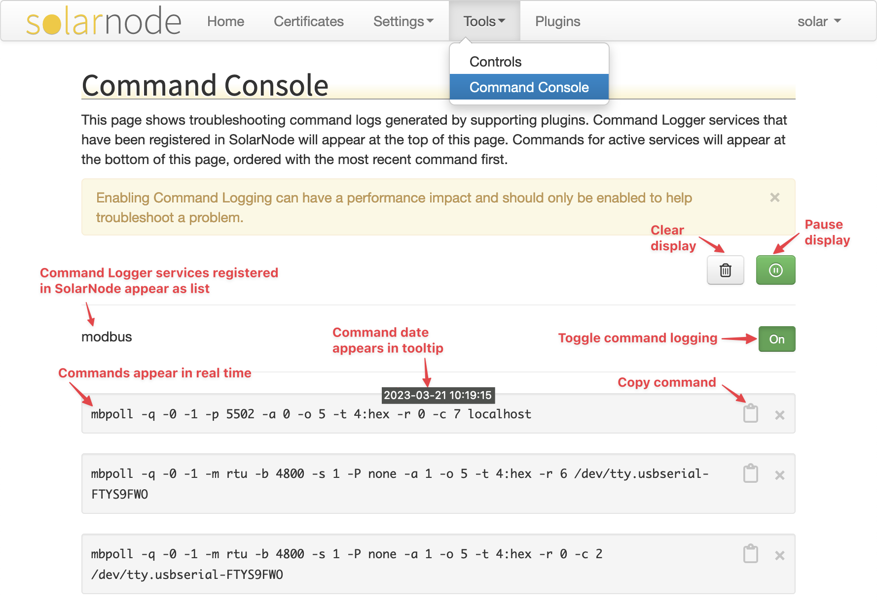 SolarNode Command Console screen