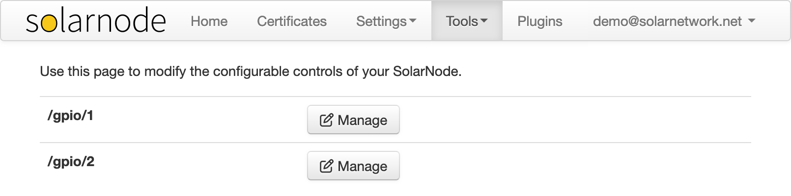 SolarNode controls screen
