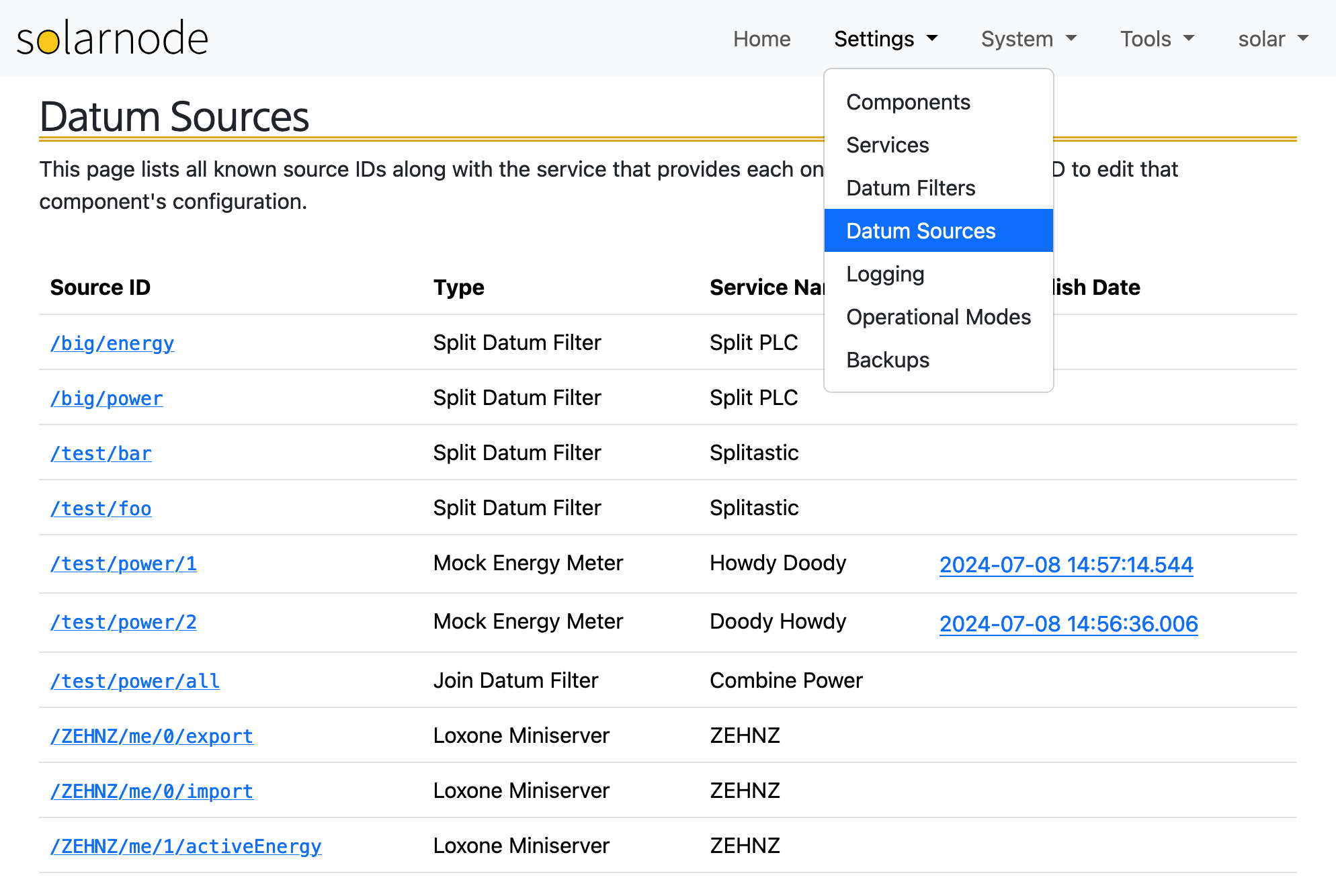 SolarNode datum sources screen