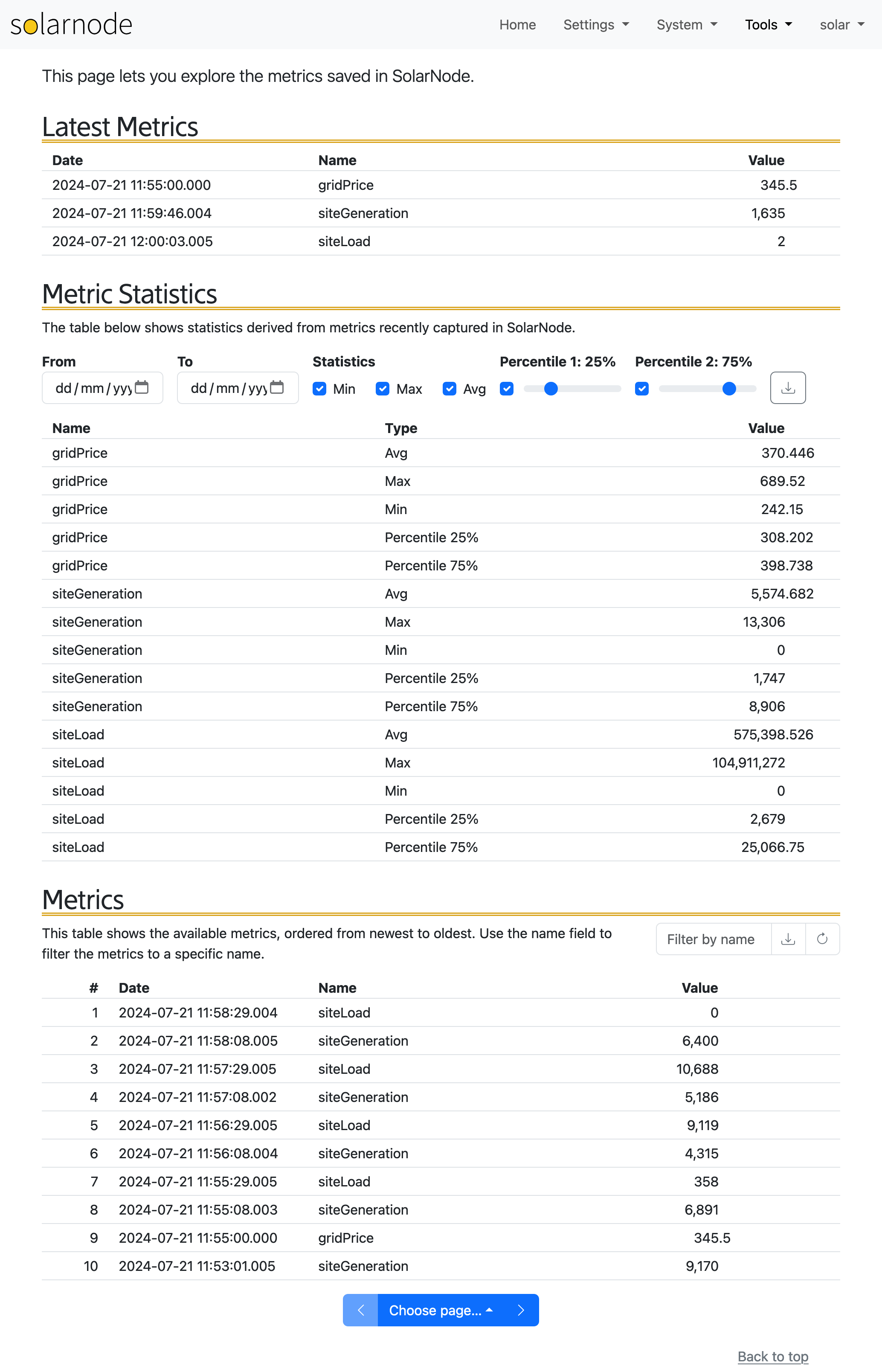 SolarNode metrics screen