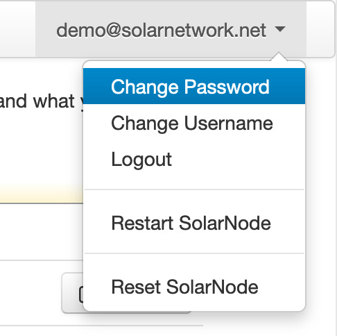 SolarNode profile drop-down menu