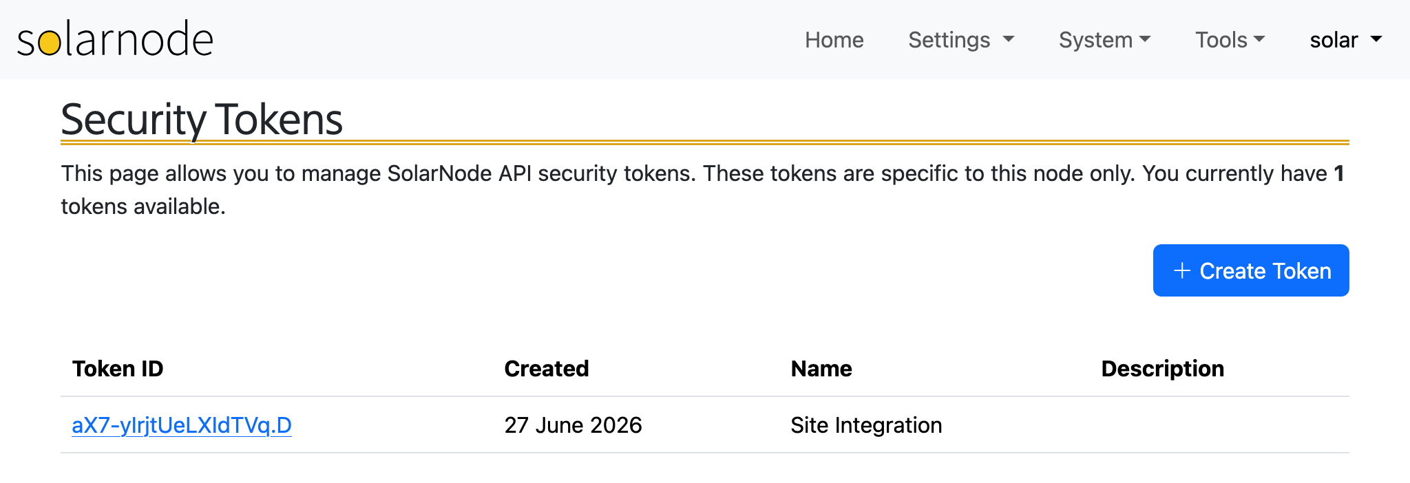 SolarNode security tokens page