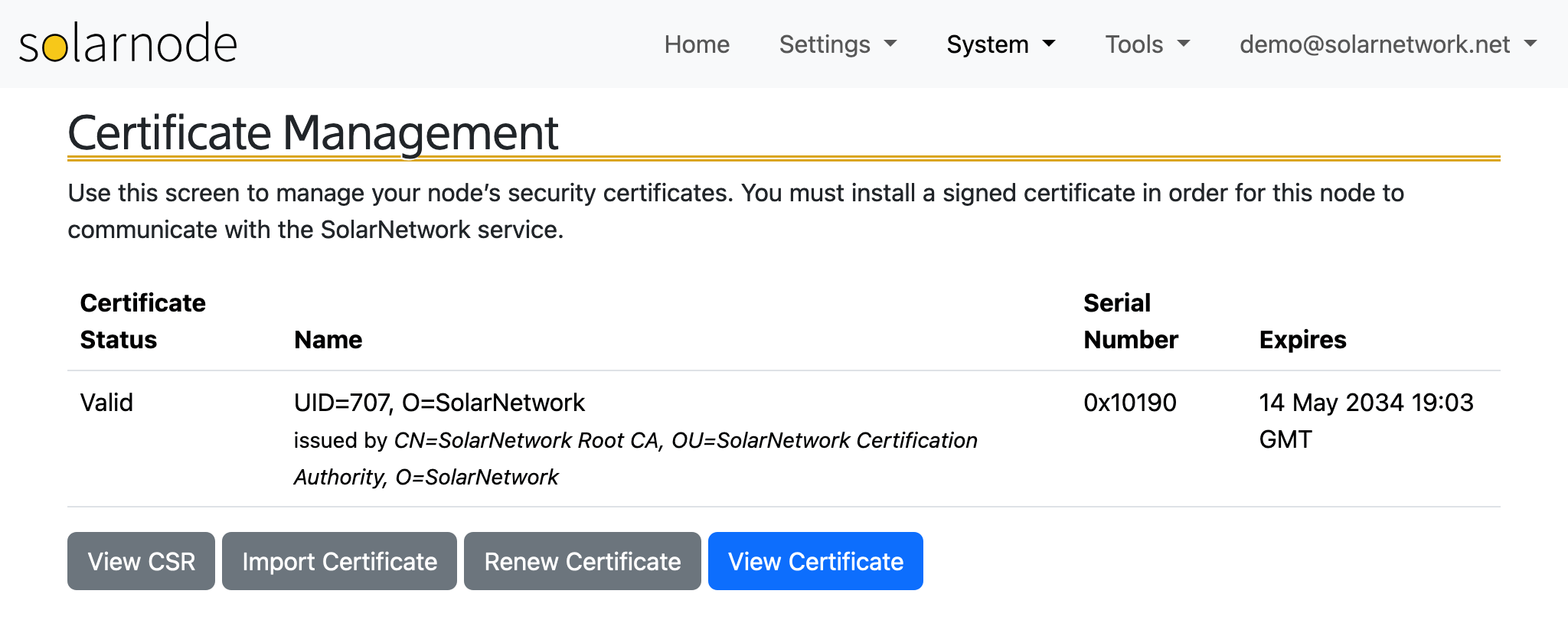 SolarNode Setup Certificates page