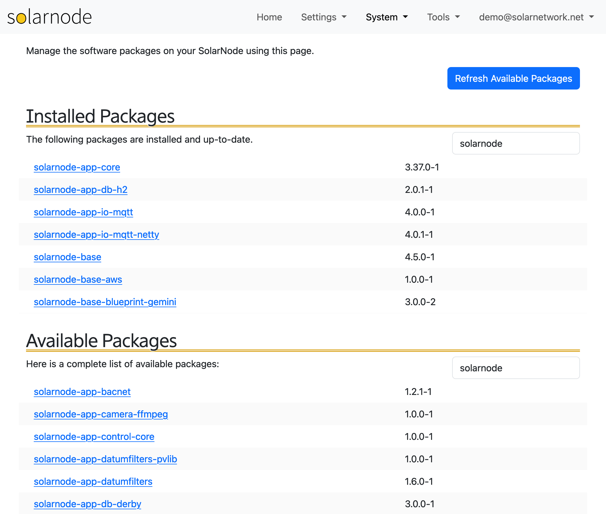 SolarNode Packages screen