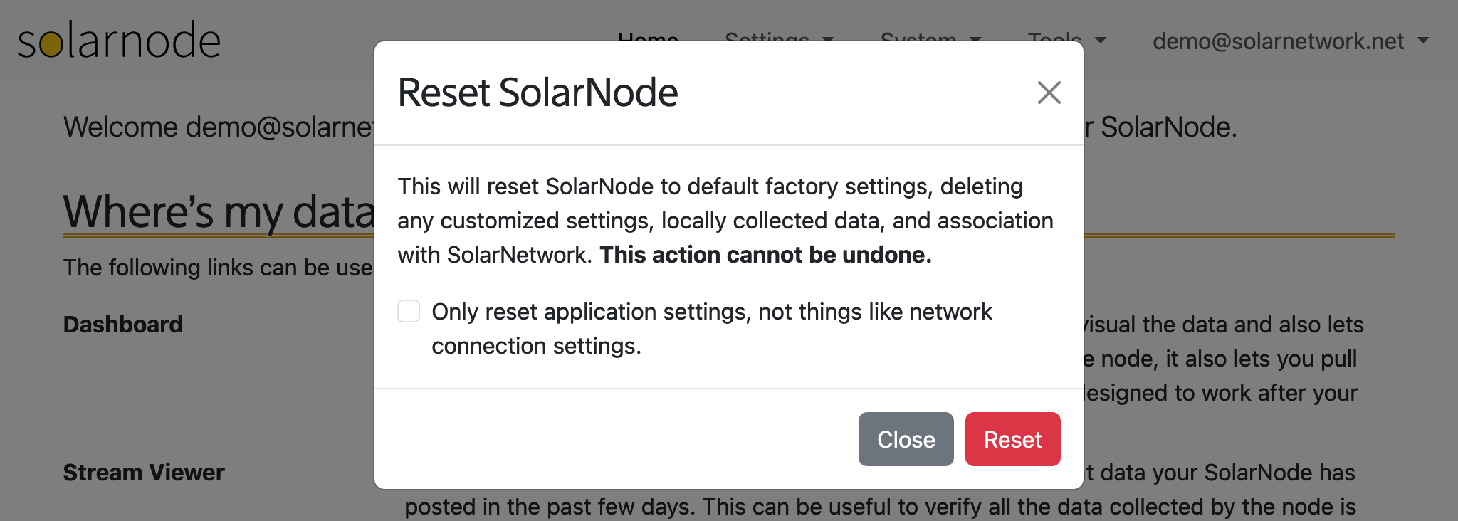 SolarNode Reset dialog