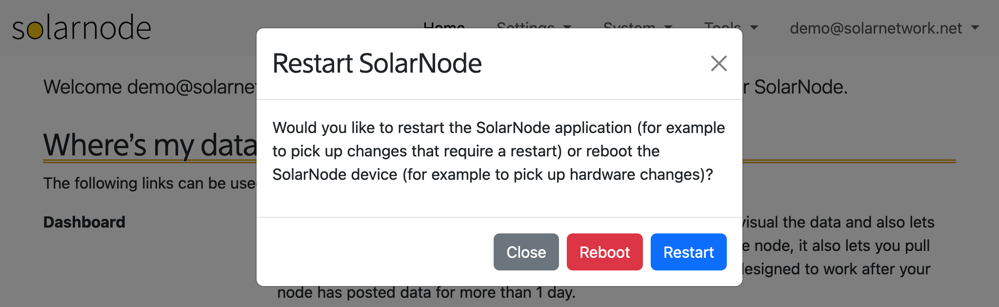 SolarNode Restart dialog