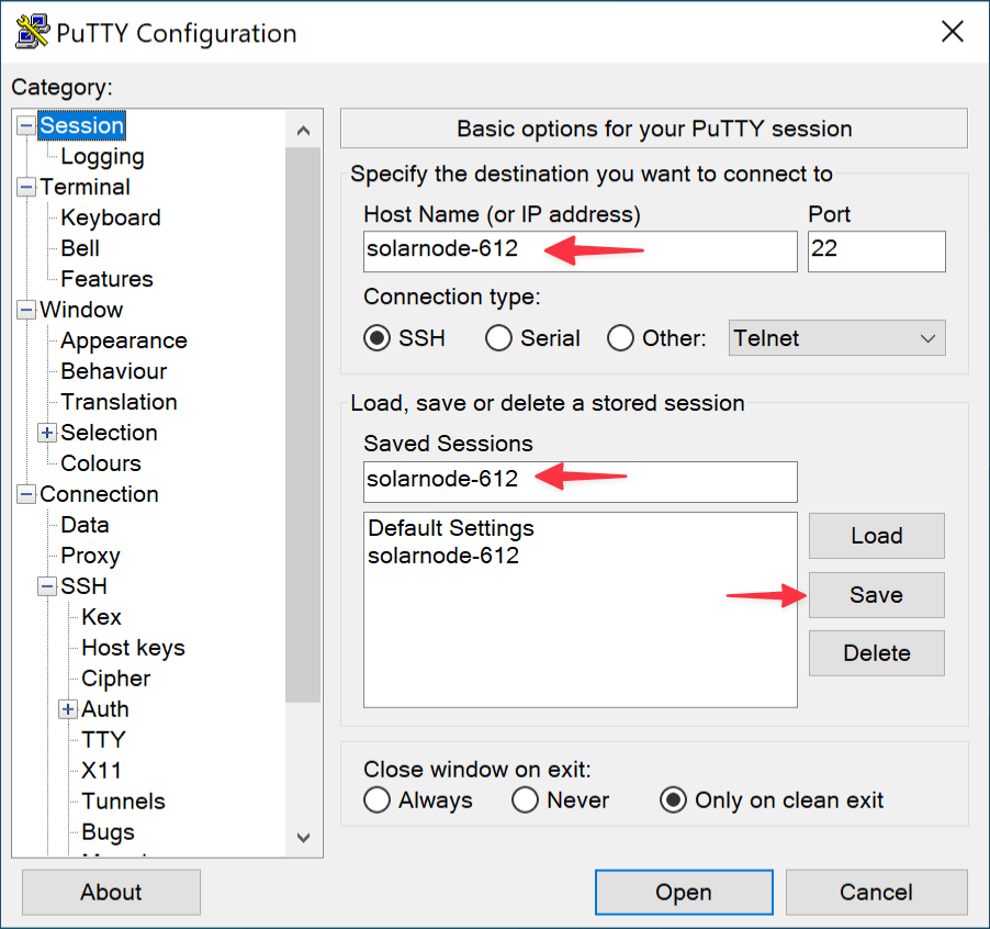 PuTTY SolarSSH session configuration