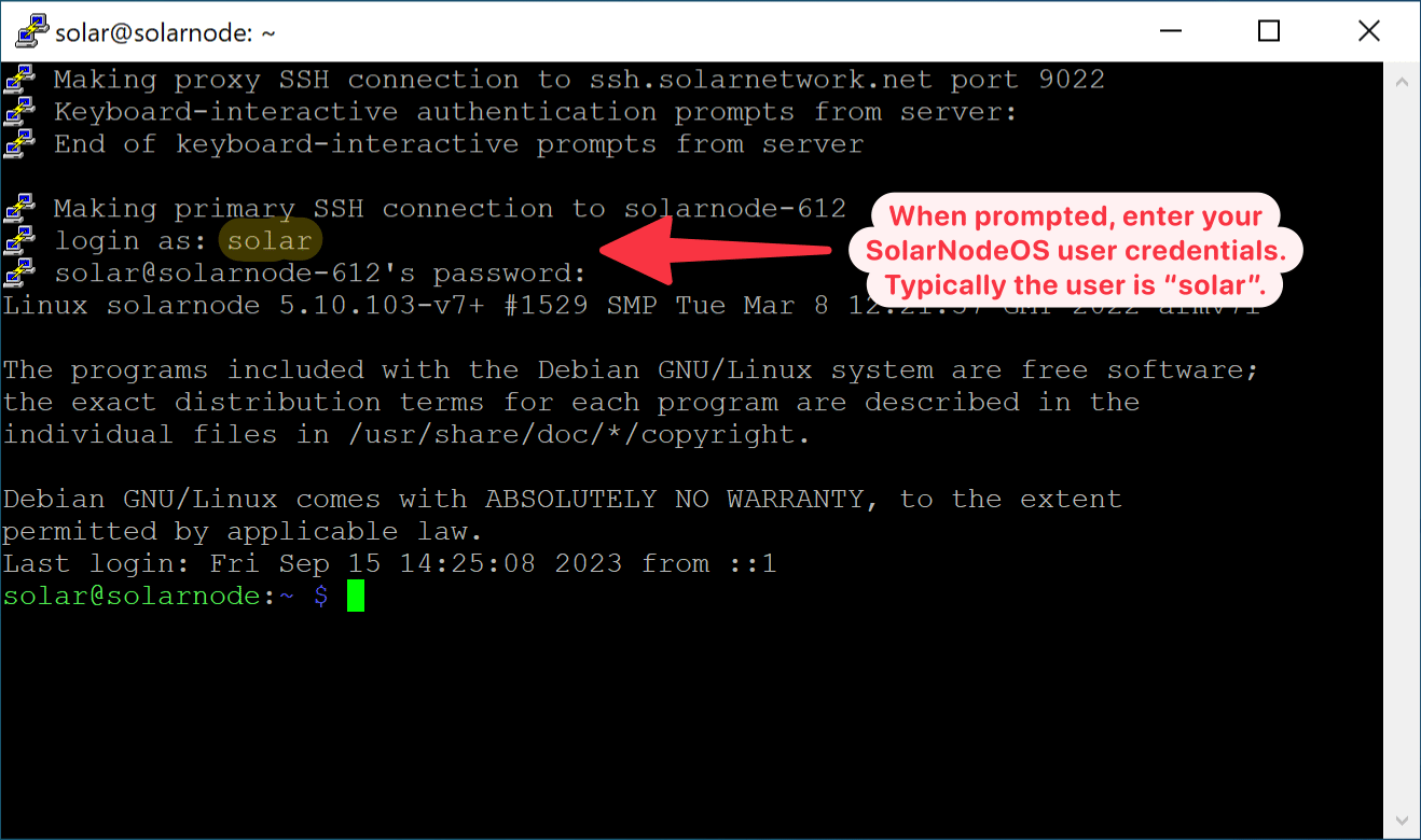 PuTTY SolarSSH node login