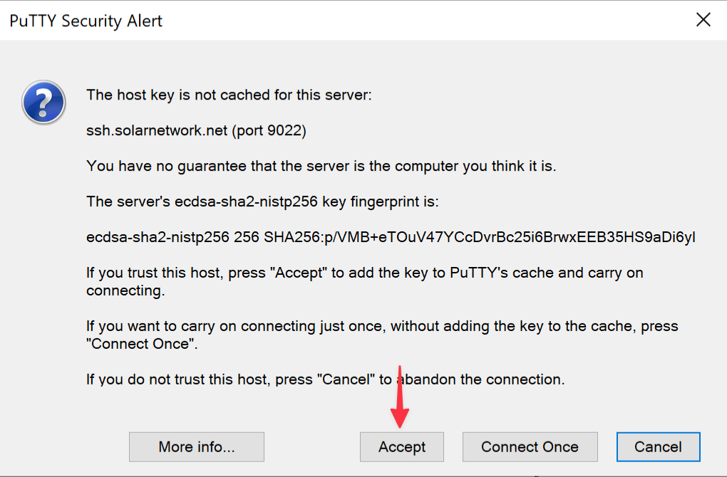 PuTTY SolarSSH host verification alert