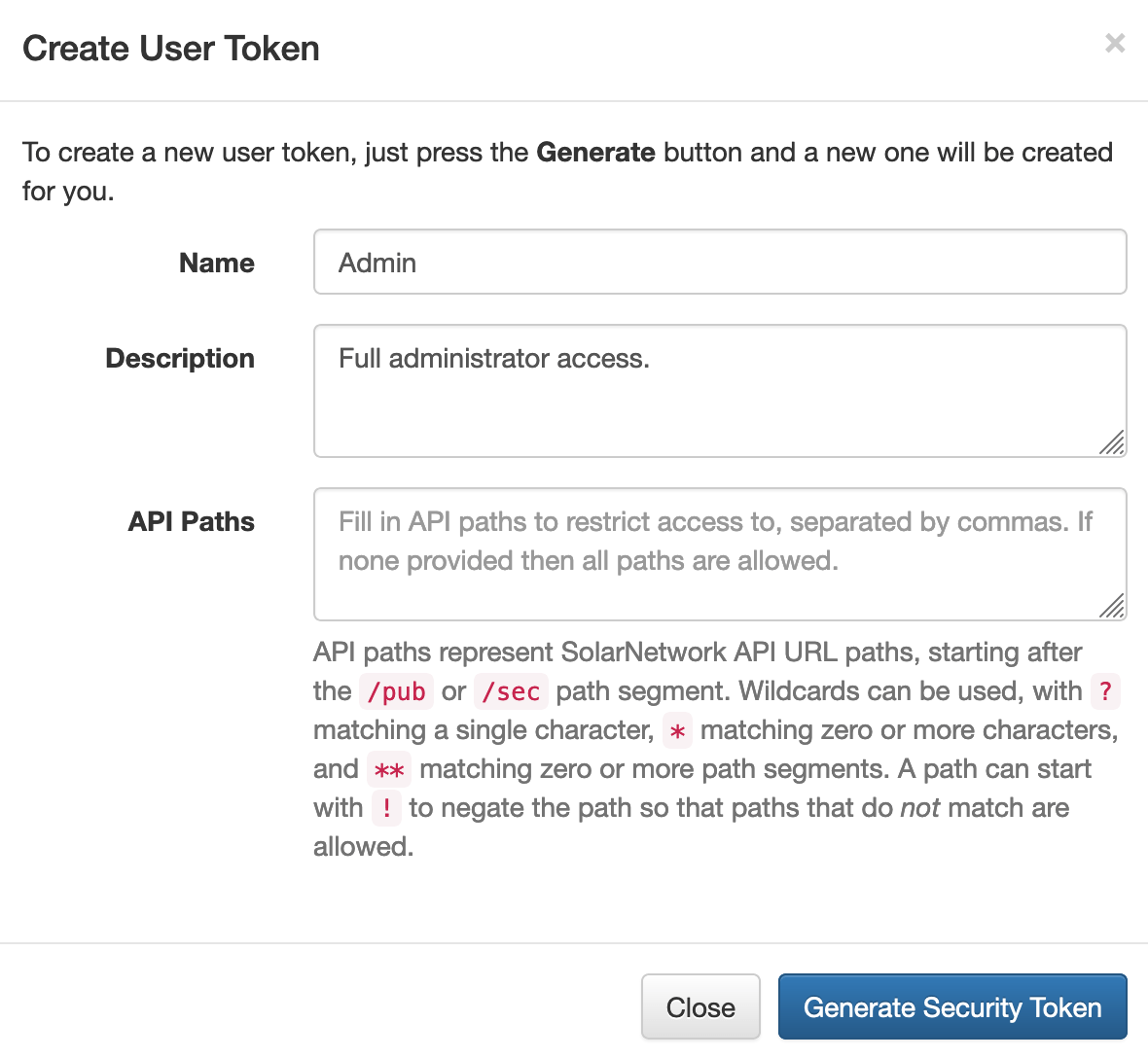 Create User Security Token form